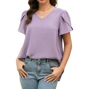 Womens Swiss Dot V Neck Tunic Blouse Petal Sleeve Dressy Casual Top Purple M